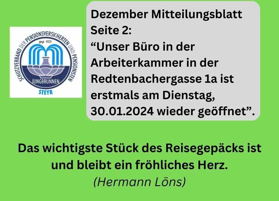 Büro ist ab Di 30.01.2024 wieder offen