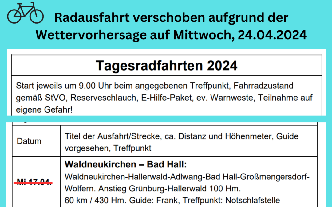 Radausfahrt verschoben auf 24.04.